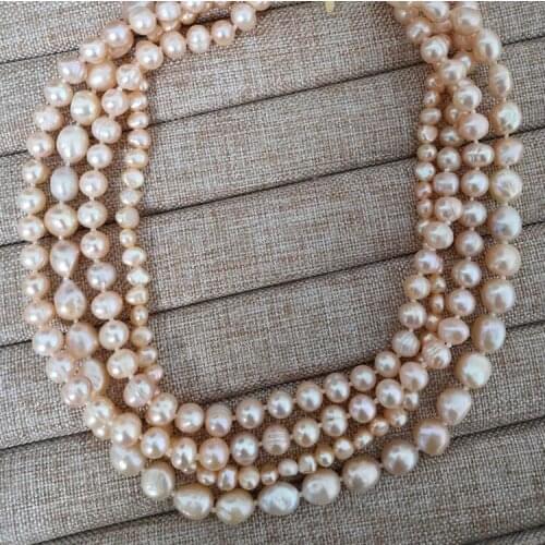 4 rows 6mm 12mm pink oval baroque flat pearl choker necklace gold clasp natural Freshwater PEARL Women Jewelry 43cm 17'' 35cm