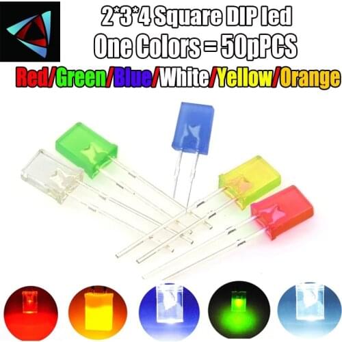 50pcs 2*3*4 Square led Red light-emitting diodes Red turn Red white blue green yellow