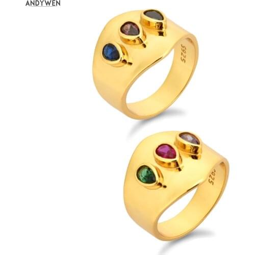 ANDYWEN 925 Sterling Silver Gold Gemstone Big Large Rings Three Zircon Red Green Brown Colorful Zircon Rock Punk Jewelry