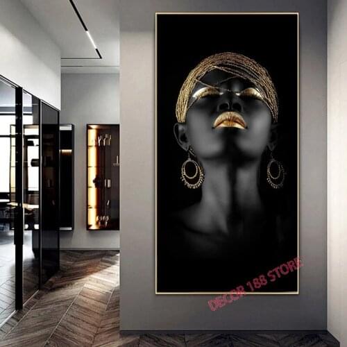 African woman wall art painting posters and prints big black woman holding gold jewelry canvas picture living room decor