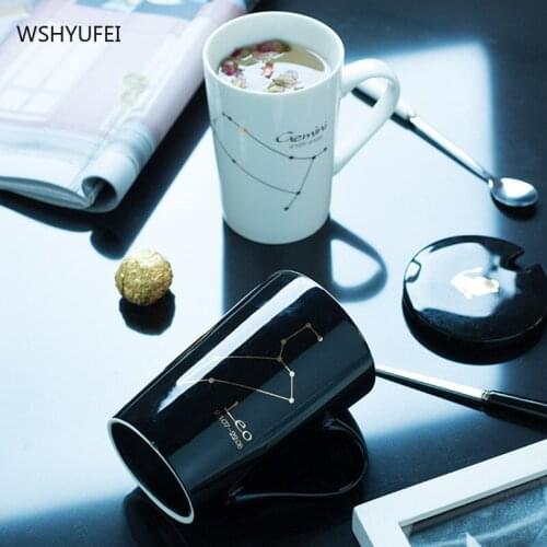 The new twelve constellation real gold patterned ceramic cup with lid and spoon personality bone china simple ceramic cup 450ml