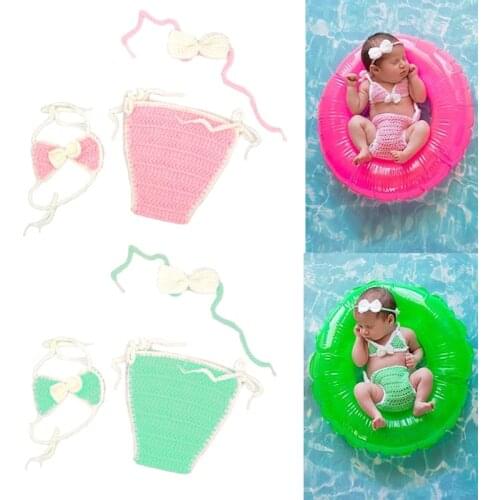 3 Pcs Newborn Photography Props Outfits Baby Girl Crochet Headband Shorts Bikini Set Infant Beach Photo Shooting Costume