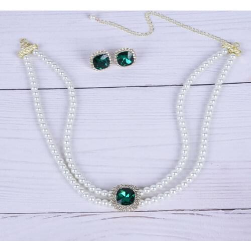 Green Crystal Stone Pearl Necklace and Earring Set for Women Mother Dinner Party Collar Bead Pendant Fashion Jewelry Bride
