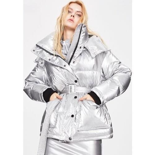 2021 Winter Jacket Women 90% White Duck Down Coat Silver Hooded Belt Thick Warm Outerwear Overcoat Streetwear New Fashion