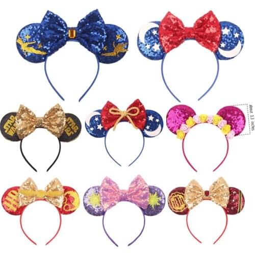 Cute Hair Bow Minnie Mouse Headband 5'' Big Sequins Bow Sun Moon Stars Ears Hairband Women Girls Kids Party Hair Accessories