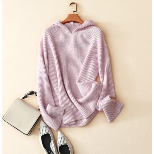 Fashion womens pink hooded sweater soft autumn winter 100% cashmere sweater for ladies
