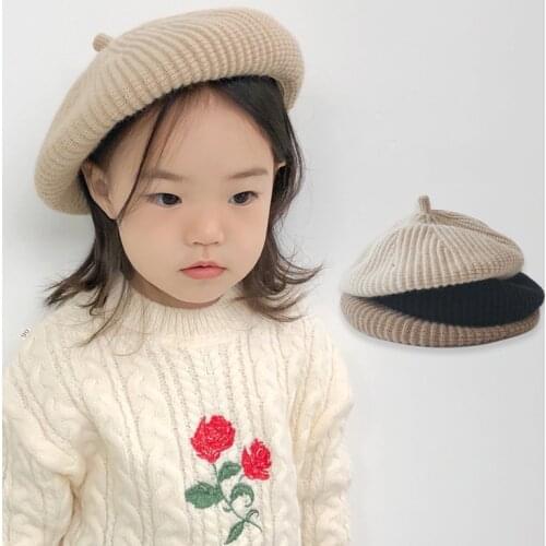 New Children Knitting Berets Autumn Winter Korean Version Girl Painter Hat Accessories Solid Color Kids Party Cap Fashion Bonnet
