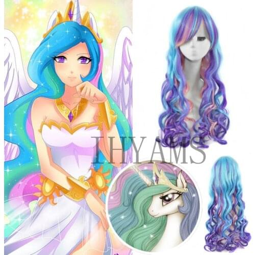 New High Quality Fashion Synthetic Wavy Wigs My Little Pony Princess Celestia Cosplay Wig Rainbow Long Curly Hair Wig