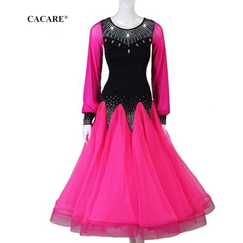 CACARE Ballroom Dance Competition Dresses Tango Waltz Dress Flamenco Standard Dance Dresses D0718 Mesh Sleeve Sheer Hem