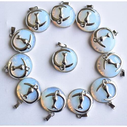 2021New Fashion Cat Moon Pendant for Necklace Round opal Stone Cute Kitten Lucky Jewelry Fit Women Necklaces Gift Wholesale12pcs