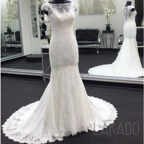 Custom Made Cap Sleeves White Illusion Neck Lace Mermaid Wedding Dress With Court Train