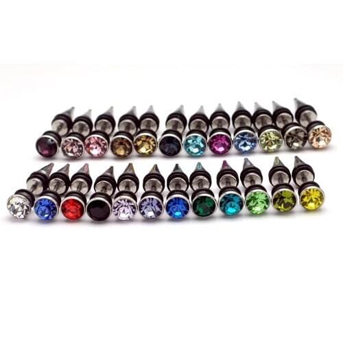 7mm Horn Head Austrian crystal titanium steel Cone Tip Punk Unisex Men/Women earrings 24 colors for choose