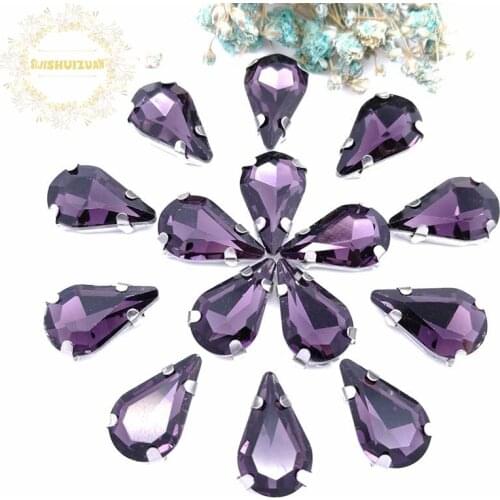 Deep Purple Water drop shape Glass Crystal sew on rhinestones with claw Diy Clothing accessories