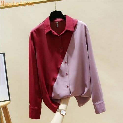 Korean style 2021 Spring Autumn Fashion Shirts For Women Turn Down Collar Long Sleeves Two-tone Shirt Tops Ladies Blouses
