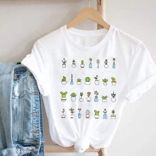 Women Printing Cactus Plant Flower 90s Mujer Camisetas Girl Fashion Clothes Print Tee Top Tshirt Female Graphic T-shirt