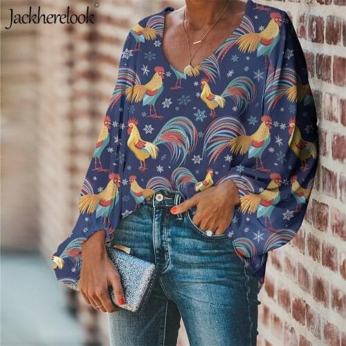 Jackherelook Womens Blouses Chemisier Femme Chiffon Shirts Cartoon Animal Chicken Pattern Casual Plus Size Tops Tees Clothing