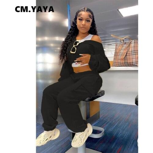 CM.YAYA Women Set Solid Full Sleeve Zip Crop Tops Loose Side Pockets Pants Two 2 Piece Sets Active Tracksuit Casual Outfit Fall