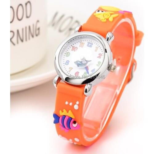 100pcs/lot Cartoon 3D Silicone Fish Band Alloy Case Second Disk kids Watch Students Quartz Wristwatches gift Wholesale