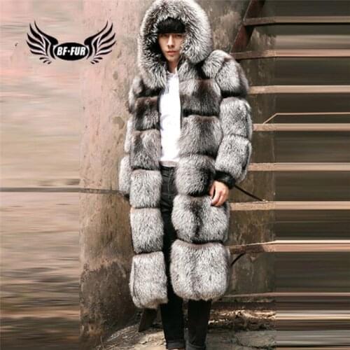 2020 Real Fur Jackets Mens Luxury Silver Fox Fur Outerwear X-Long Oversize Mens Leather Jackets With Hood Real Fur Coat