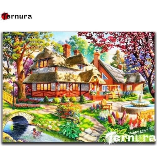 Spring natural scenery 5D Diy diamond embroidery Wooden house tree river diamond painting full square Drill mosaic cross stitch