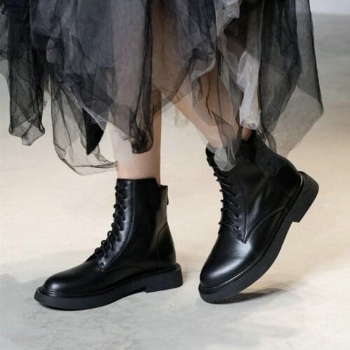 EshtonShero Boots Female Autumn New Genuine Leather Women Boots Low Heel Lace Up Back zipper Round Toe women shoes Size 3-9