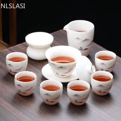 10 Pcs/set Chinese High-grade Suet Jade White Porcelain Tea Sets Handmade Ceramic Gaiwan Strainer Teacups Home Teaware Drinkware