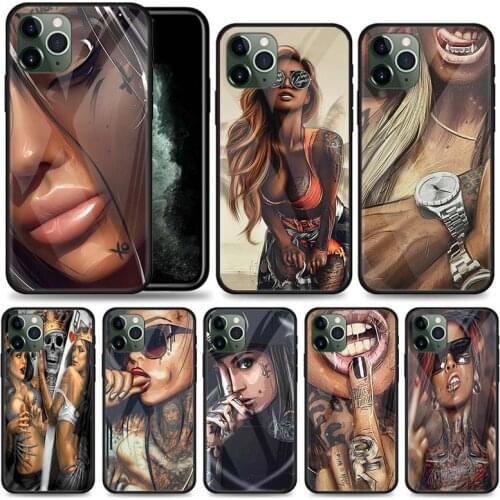 Phone Case for iPhone 11 12 Pro Max 12 Mini 7 8 XR SE 2020 X XS MAX 12 11 Pro Tempered Glass Cover Shell Sexy Sleeve Tattoo Girl