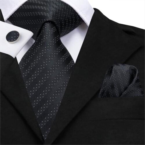 SN-3127 Hi-Tie 8.5cm 100% Silk Tie Black Luxury Striped Necktie for Men Party Wedding Hanky Cufflinks Suit Tie Set 150cm Long