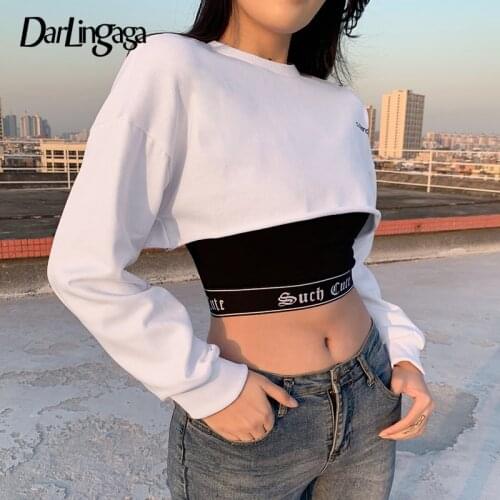Darlingaga Korean Casual White Cropped Sweatshirt Women Solid Autumn Pullover Tops Two Piece Set Harajuku Sweat Shirts Hoodies