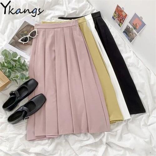Cute Pink Simple Long Pleated Skirt Women Autumn Wild Elastic High Waist Midi Skirt Students Black Daily Streetwear A-Line Saia