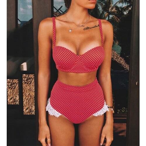 Fashion Women Dot Style Flying lace high waist wave dot net red swimsuit Morden Slim Shape Ladies