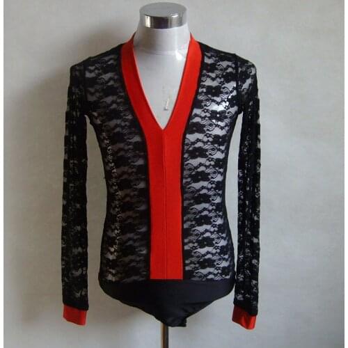 V neck Men ballroom Latin body shirt rhinestone long sleeve black lace
