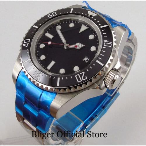 BLIGER 44mm Black Sterile Automatic Men Watch 24 Jewels NH35 Movement Oyster Strap Date Display Rotating Bezel Screw Crown
