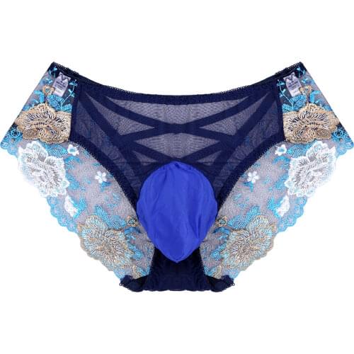 Men See-through Embroidered Underwear Sissy Underpants Crisscross Hollow Out Panties Low Rise Bulge Pouch Briefs Erotic Lingerie