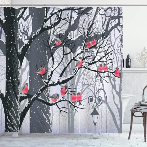 Winter Shower Curtain Bullfinches on Trees Winter City Park Snow Cold Weather Immigrant Birds Design Bathroom Decor Set