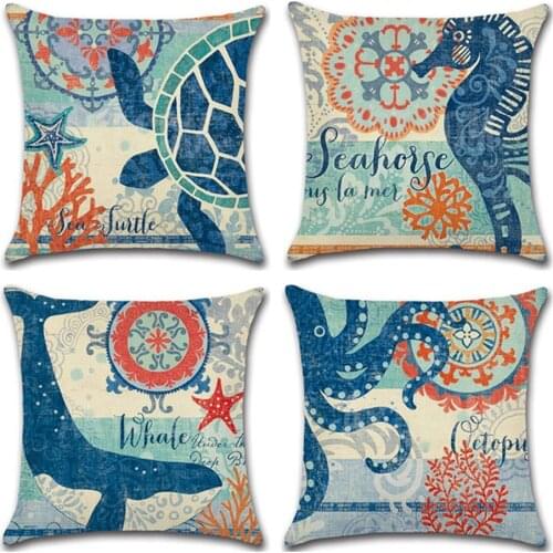 Turtle Printed Cushion Cover Sea Style Octopus Cotton Linen Pillow Case Sea Animal Decorative Pillowcase funda de almohada