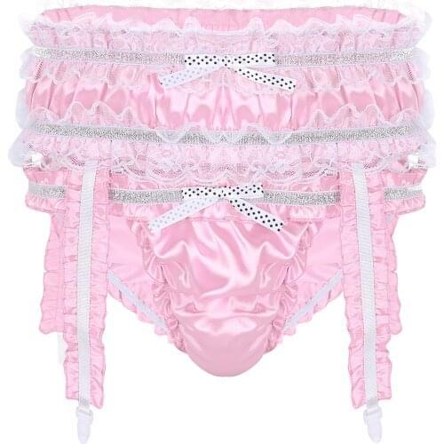 YiZYiF Underwear Men Sissy Panties Lingerie Shiny Satin Ruffled Frilly Low Rise Stretchy Briefs with Garters panties Sexy Men