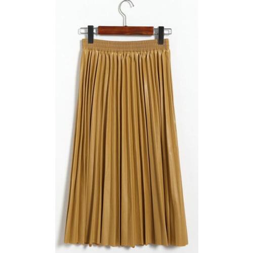 Vintage Women Leather Midi Skirts Warm Fashion Thick Winter PU Faux Pleated High Waist Skirt Mid-calf Women Longa Saia