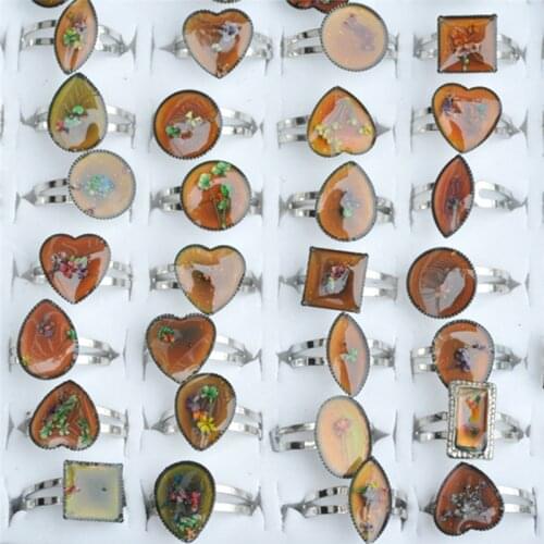 Pinksee Newest 10pcs/set Dried Flowers Temperature Changing Color Mixed Plant Heart Shape Rings Kids Cute Funny Jewelry