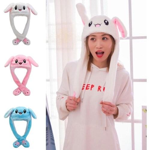 2021 New Lovely No Light Plush Rabbit Hat Funny Play Toy Up Down Moving Bunny Ears Airbag Cos Embroidery Hats Girlfriend Gift