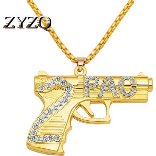 ZYZQ New Exaggerated Mens Pendant Necklace Creative Rhinestone 2PAC Pistol Necklace Hip Hop Street Party Jewelry