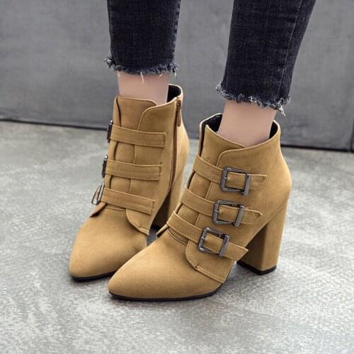 Autumn Winter Women New Pointed Toe Short Boots Buckle Street Martin Boots Lady Square Heel Zipper Women Shoes Red Yellow Brown