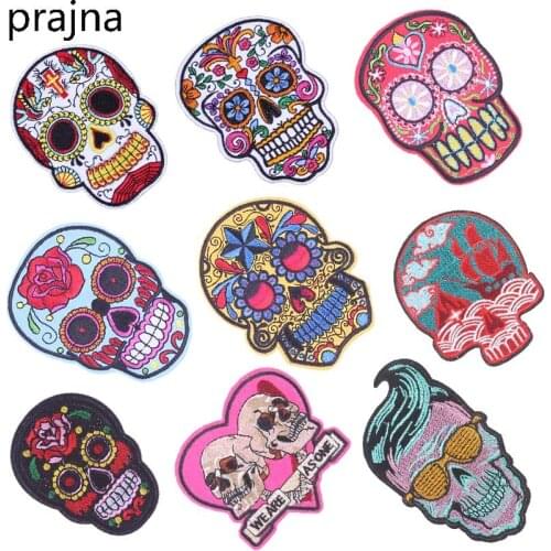 Prajna Flower Rose Skull Patch Punk Rock Skeleton Hand Music Patch Iron On Biker Patches Cheap Embroidered Patches For Clothes
