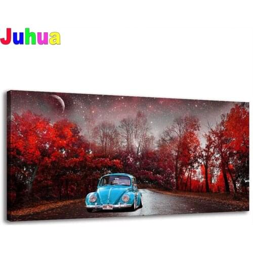 Full square diamond Mosaic Red Forest And Blue Car Wall Art diamond embroidery 5D rhinestone Painting diamond inlaid pattern