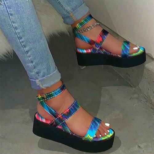 Sandals Womens Colorful Flat Platform Summer Print Ladies Ankle Buckle Strap Sandalias er Female 2021Casual Woman Shoes