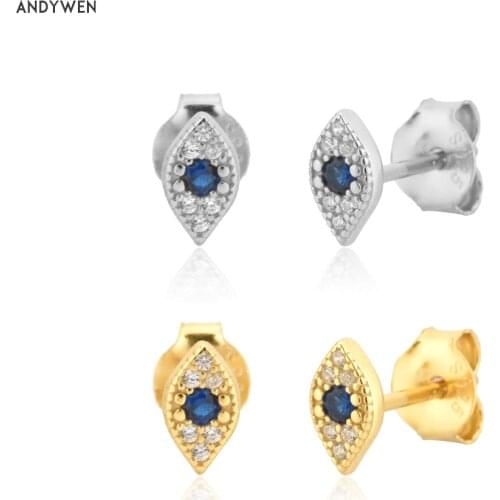 ANDYWEN 925 Sterling Silver Evils Eye Stud Earring Blue Lucky Eyes Piercing Women Pendiente Luxury Pave Fashion Fine Jewelry