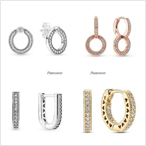 Authentic 925 Sterling Silver Pave & Logo Circle Reversible Stud Earrings For Women Wedding Gift Pandora Jewelry
