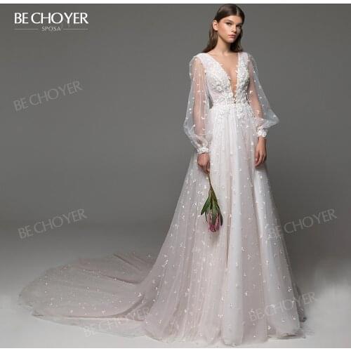 Wedding Dress Boho Long Sleeve 2021 V-neck Beaded Open Back Bridal Gown Beach Princess BECHOYER EL28 Plus Size Vestido De Noiva