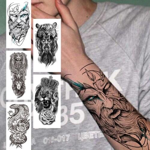Tribal God Sketch Temporary Tattoos For Men Women Adult Snake Black Lion Tattoo Sticker Tiger Realistic Fake Flower Arm Tatoos
