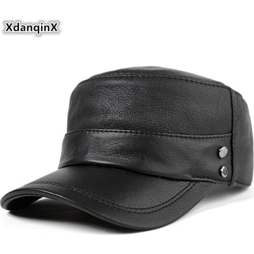 XdanqinX Genuine Leather Hat Autumn Mens Baseball Caps Sheepskin Leather Flat Cap Adjustable Size Male Bone Fashion Dads Hats